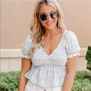 *NEW PINK LILY Look Past The Future Sage Smocked Stripe Blouse - Large